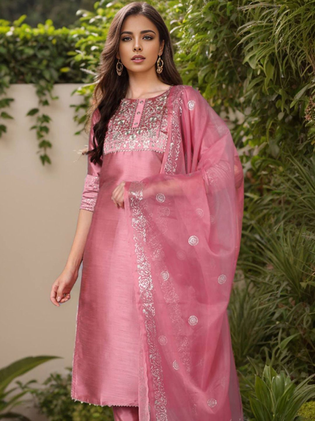 KALINI Floral Yoke Designed Regular Kurta With Trousers & Dupatta