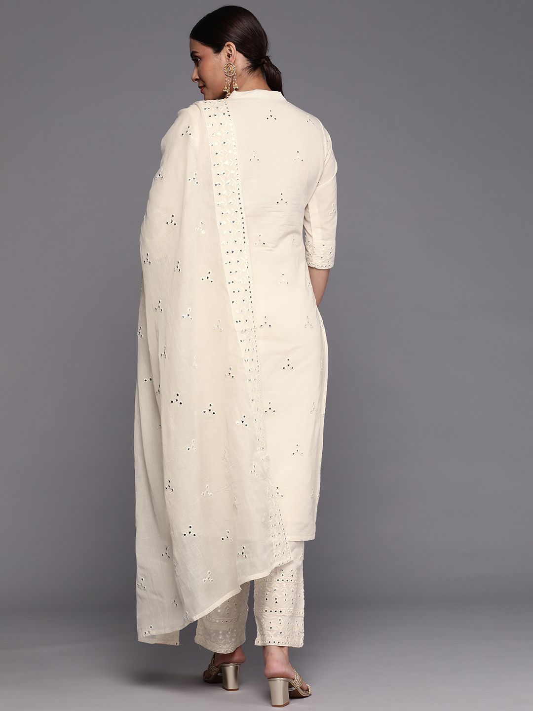 Libas Women Off White Embroidered Regular Mirror Work Pure Cotton Kurta with Trousers & With Dupatta