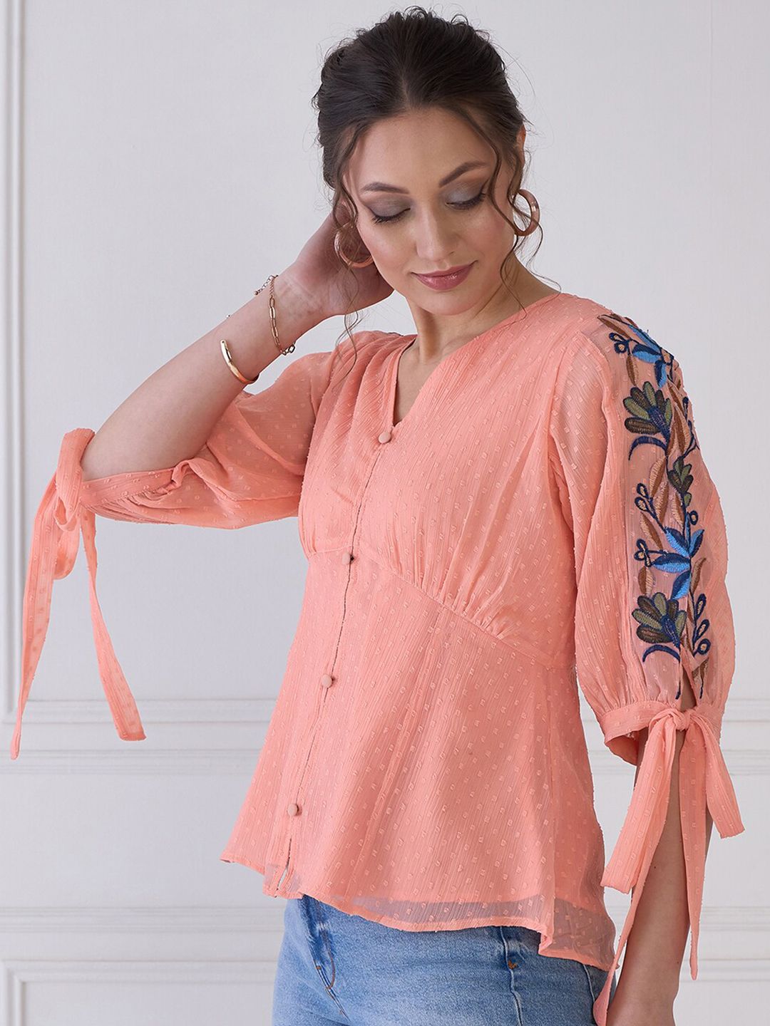 Antheaa Polka Dot Puff Sleeve V-Neck Chiffon Cinched Waist Top