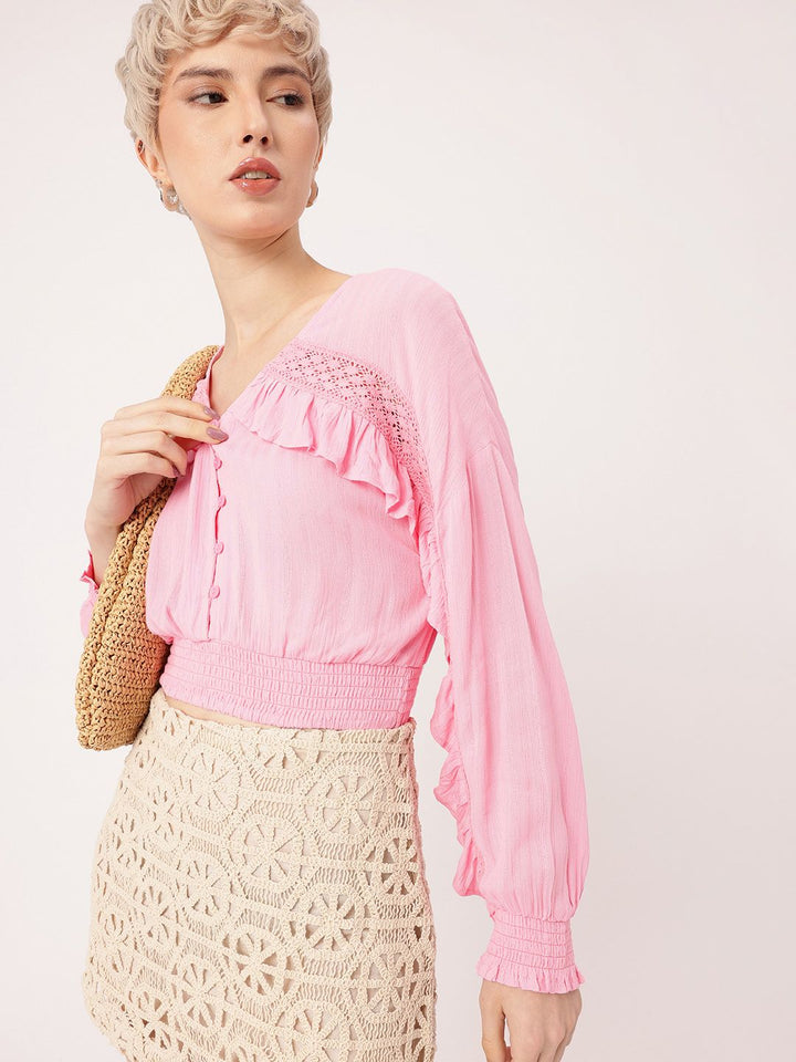 DressBerry Romantic Ruffled Smocked Blouson Top