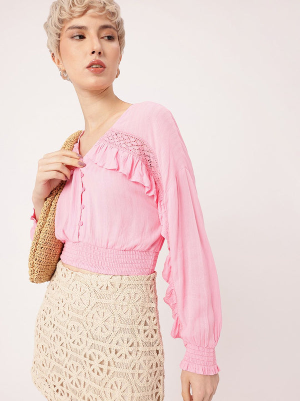 DressBerry Romantic Ruffled Smocked Blouson Top