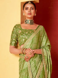 Saree mall Green Bandhani Printed Embroidered Poly Chiffon Saree