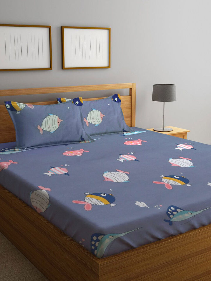 Watak Kartun KLOTTHE Biru & Merah Jambu 300 TC Cadar King dengan 2 Sarung Bantal