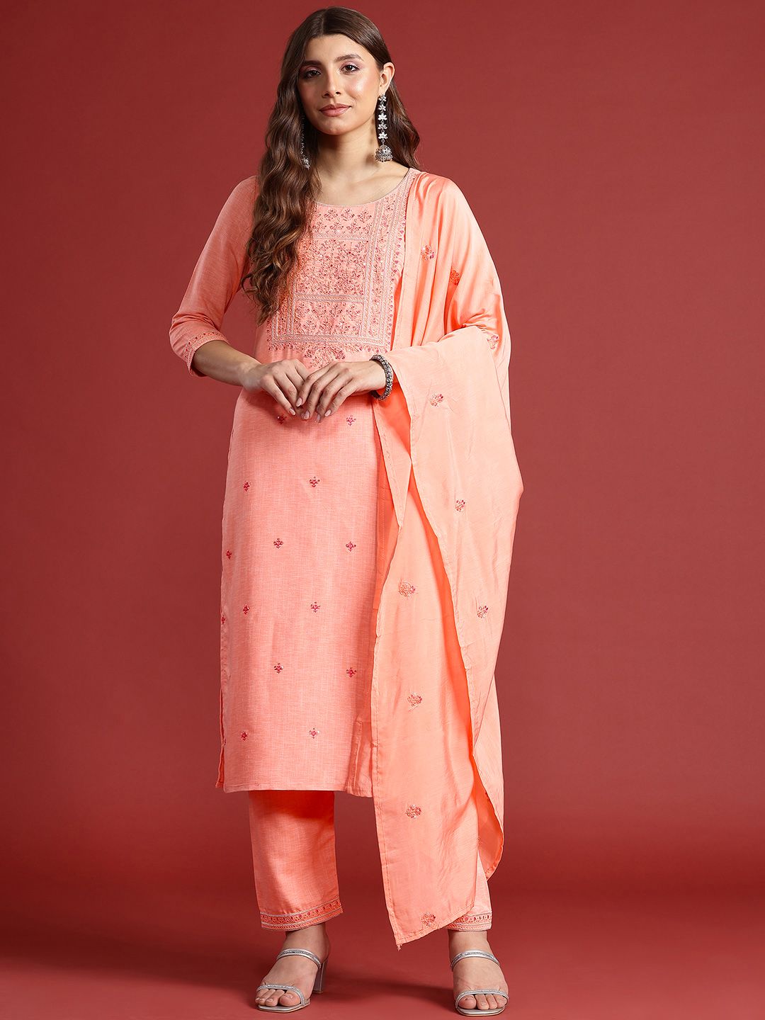 Anouk Indie Florals Embroidered Kurta with Trousers & Dupatta