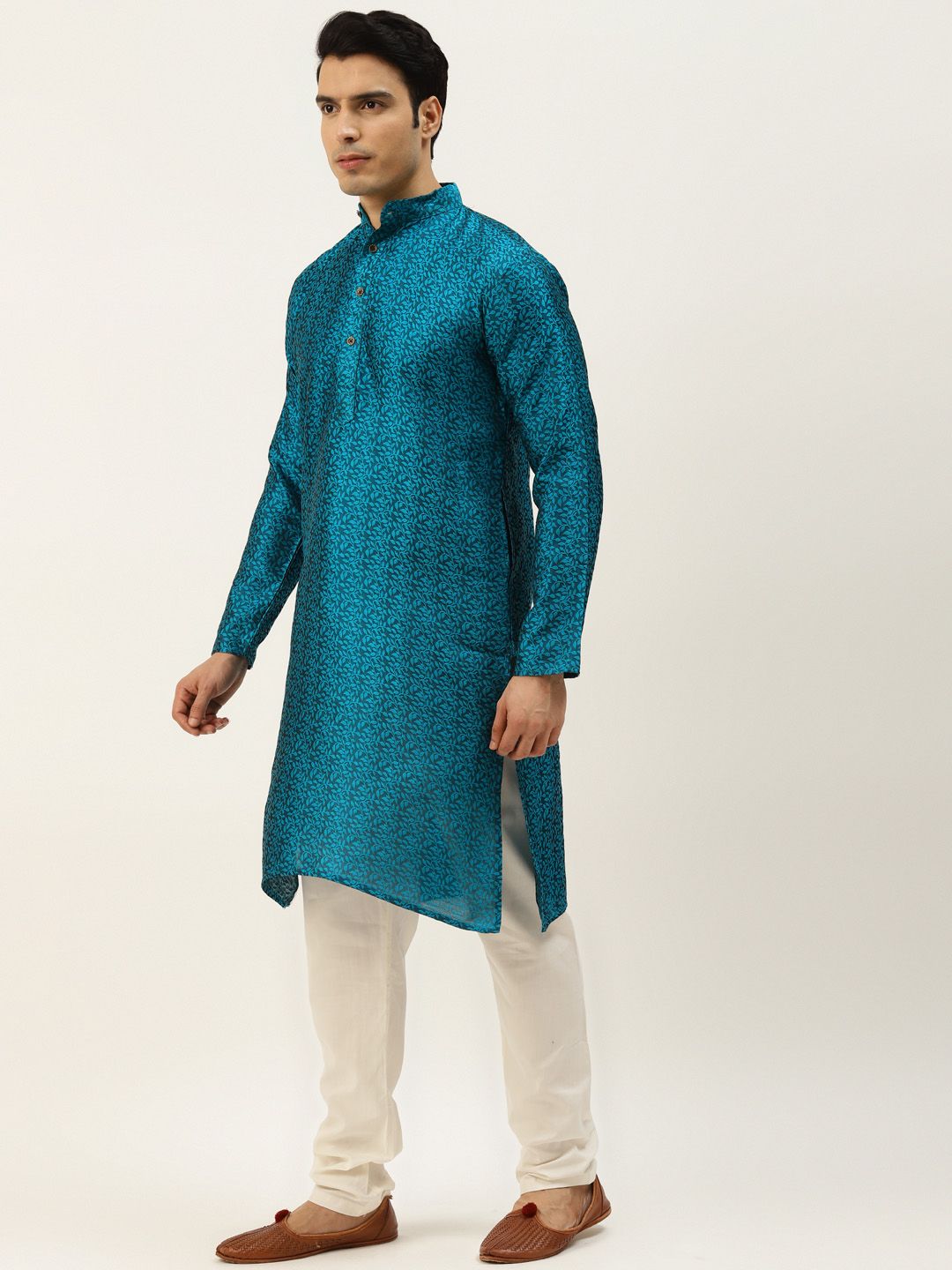 SOJANYA Men Teal Blue & Olive Green Jacquard Ethnic Motifs Straight Kurta with Churidar