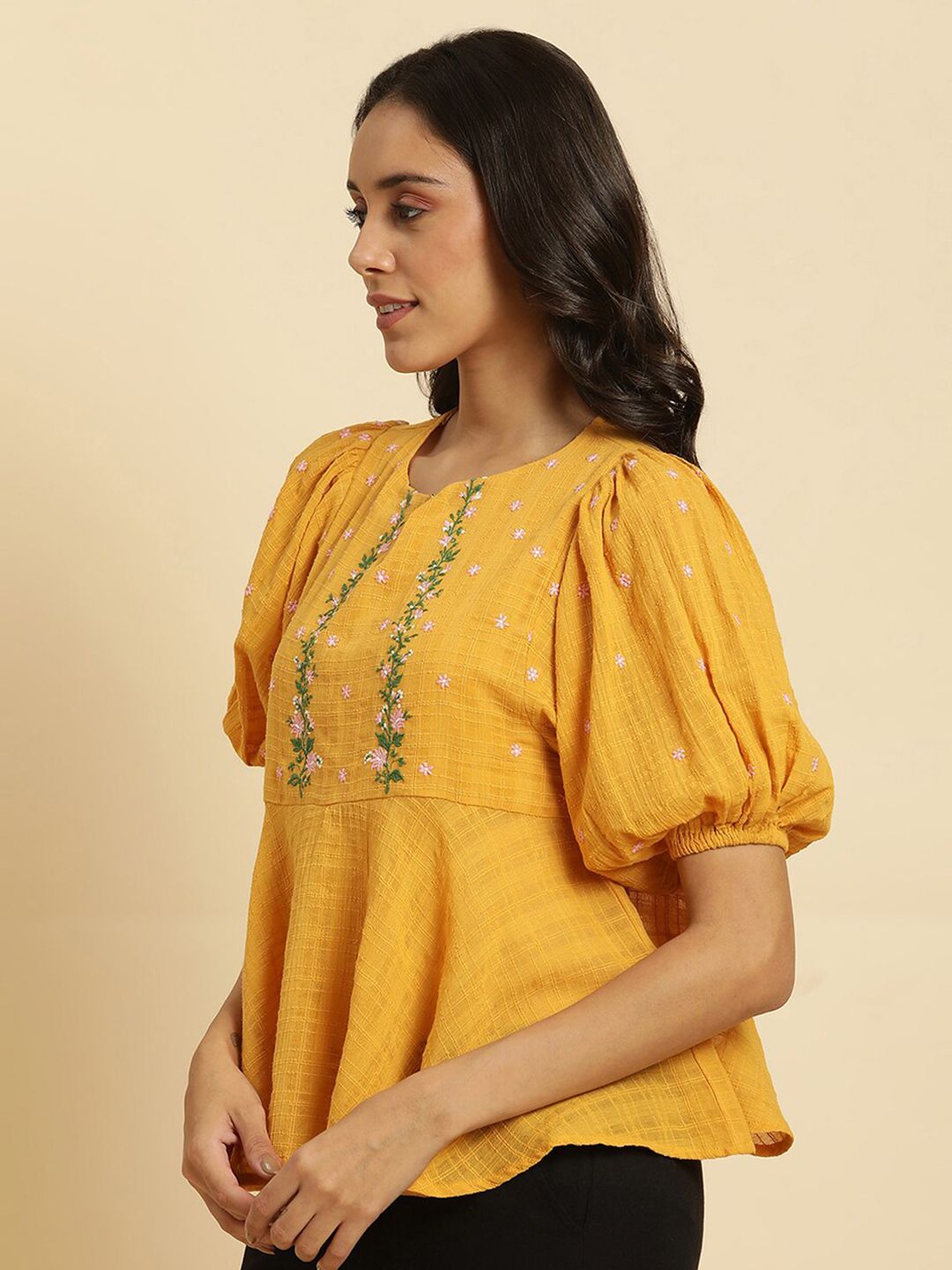 W Floral Embroidered Cotton A Line Top