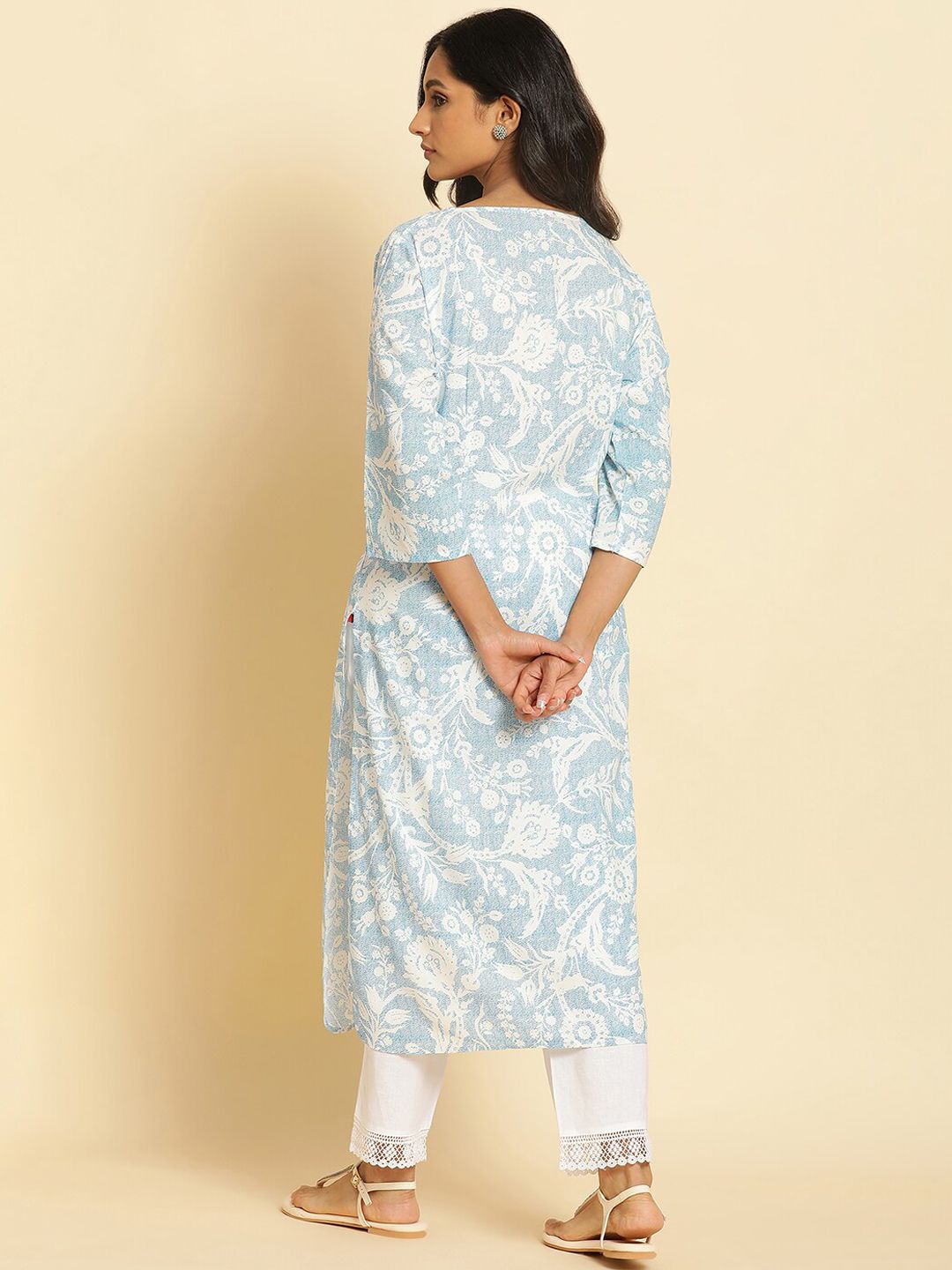 W Floral Printed Round Neck Pure Cotton Straight Kurta