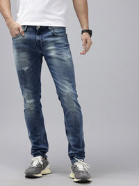 Spykar Men Skinny Slim Fit Rendah Berat Low-Infressed Heavy Fade Jeans