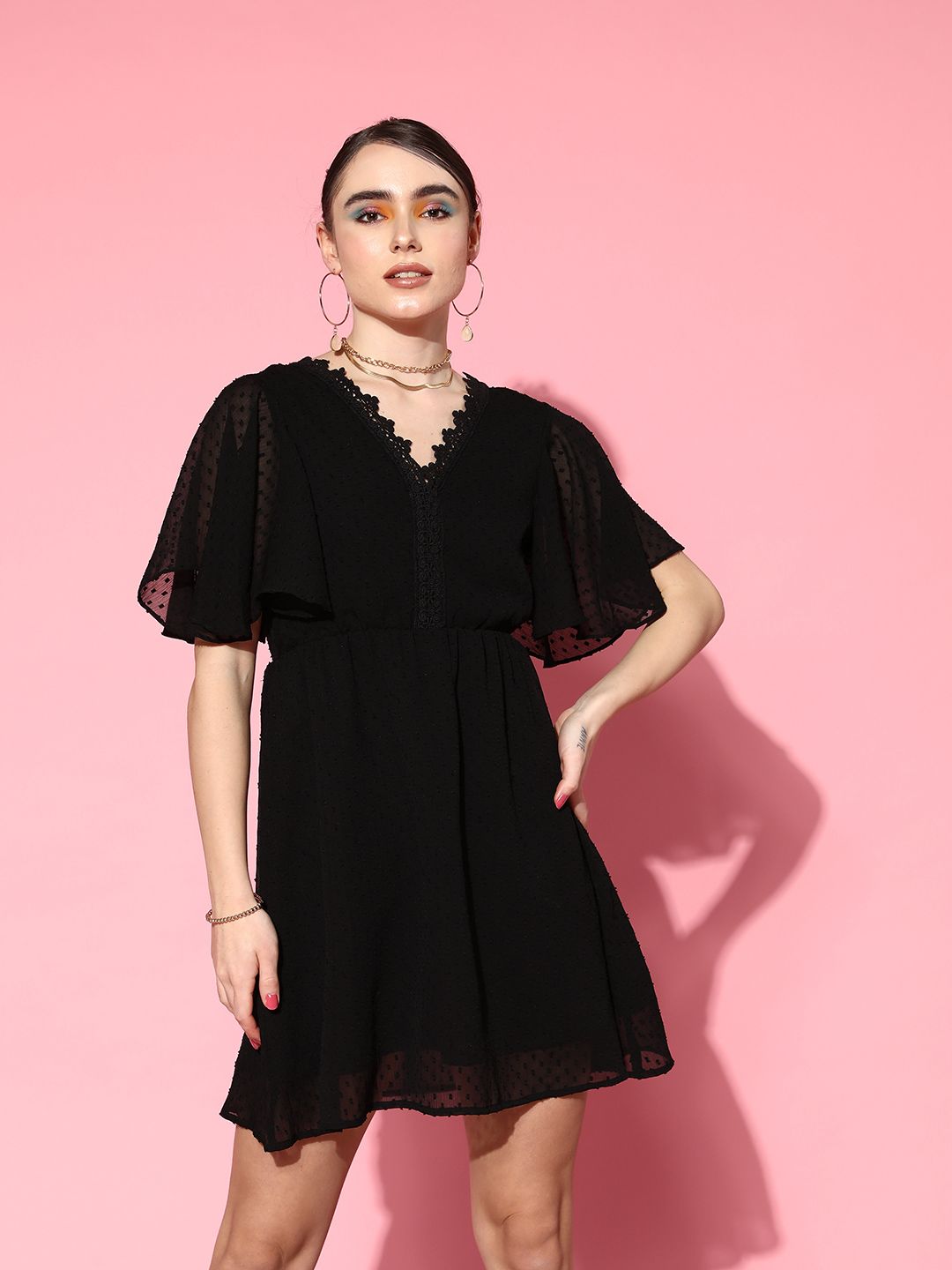 Berrylush Black Chiffon Flared Sleeves A-Line Mini Dress With Tie-Ups Detail