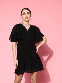 Berrylush Black Chiffon Flared Sleeves A-Line Mini Dress With Tie-Ups Detail