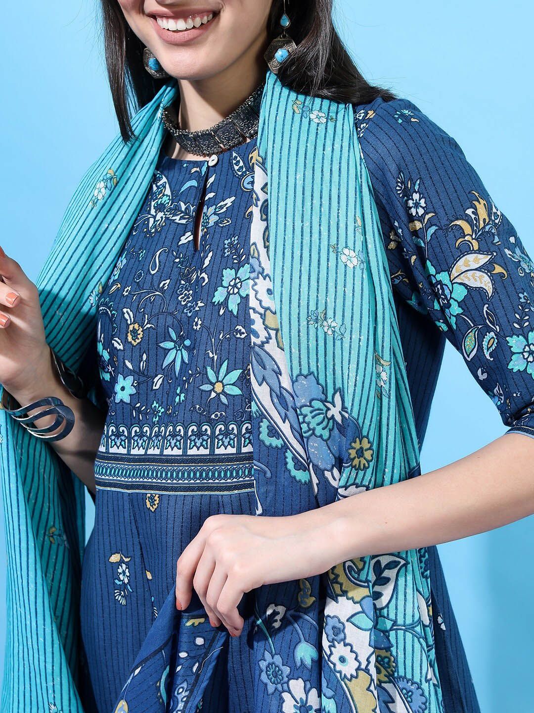 Vishudh Women Blue Ethnic Motifs  High Slit Pure Kurta With Palazzo & With Dupatta