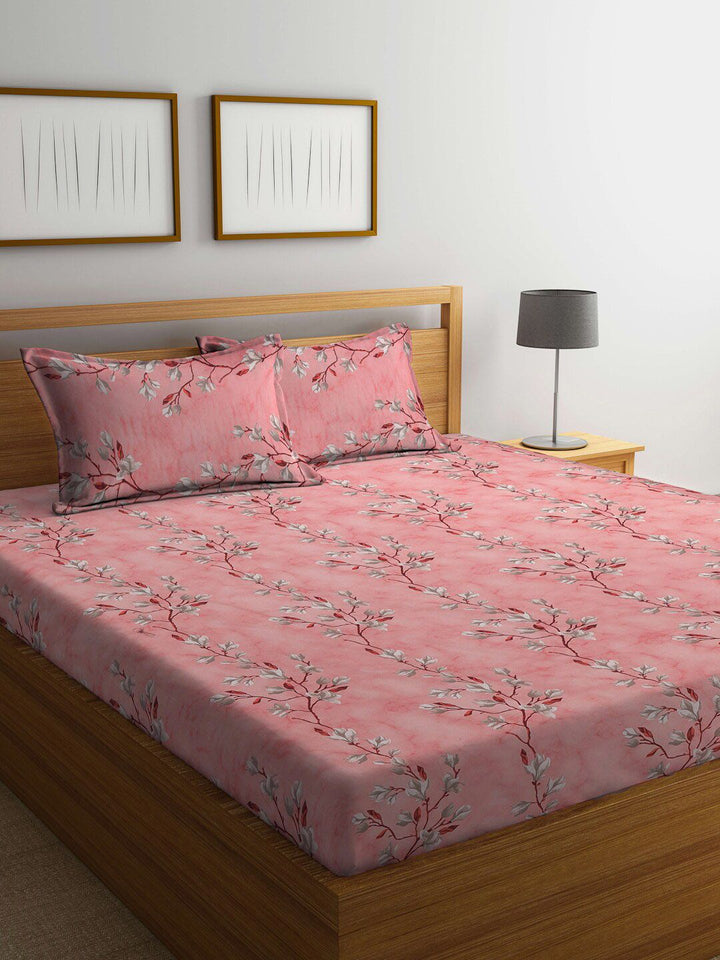 KLOTTHE Pink Floral Pure Cotton 400 TC Fitted King Superfine Bedsheet dengan 2 Sarung Bantal-98 x 89 inci