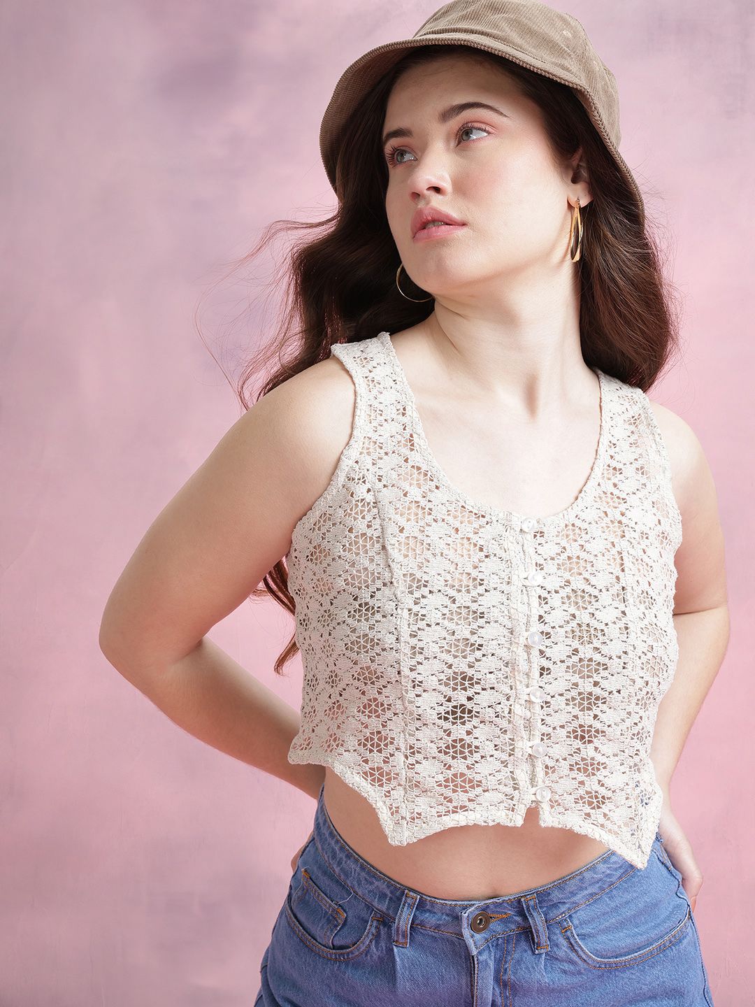 DressBerry Floral Sheer Crochet Crop Top