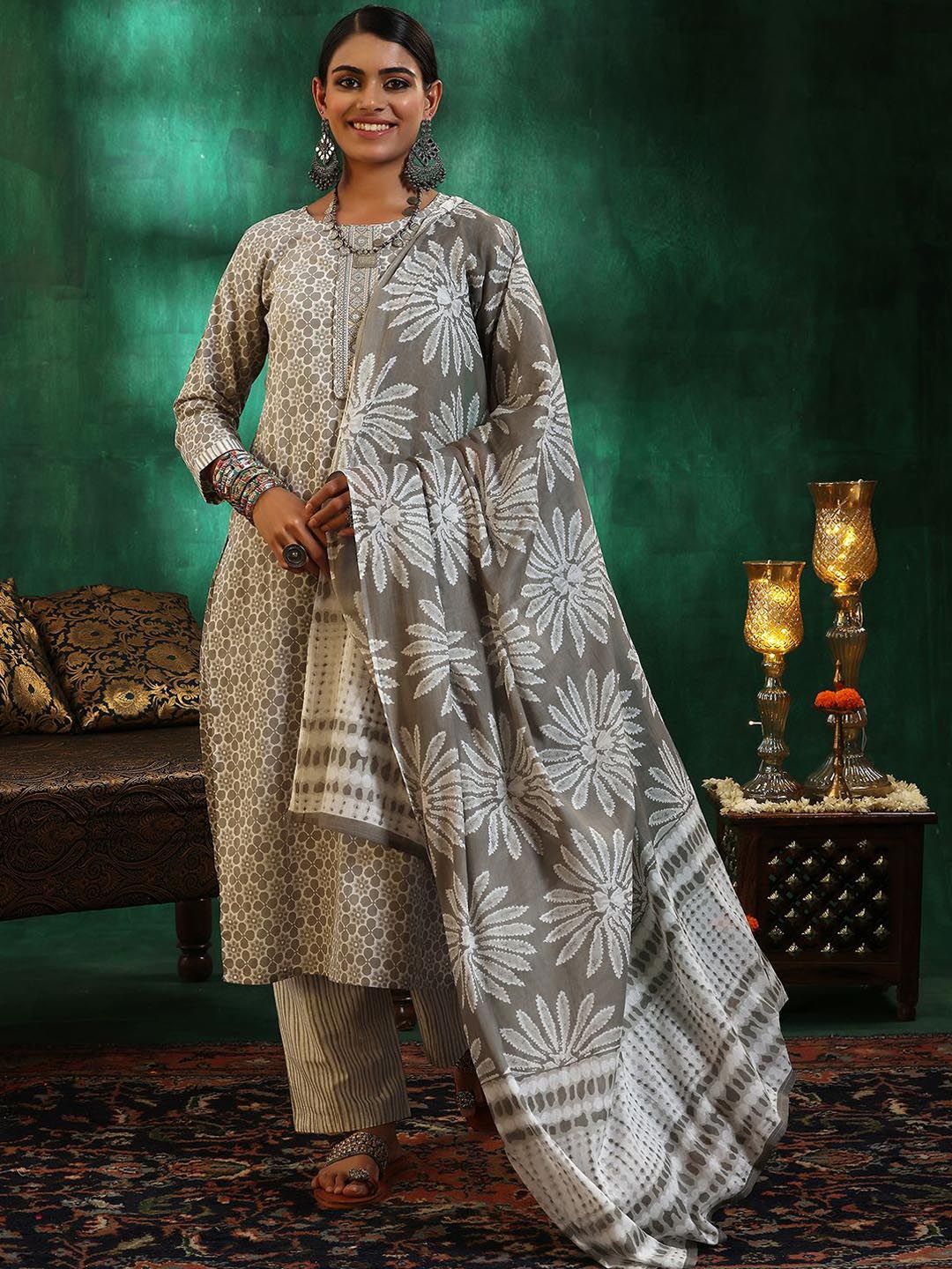 Libas Ethnic Motifs Printed Sequinned Pure Cotton A Line Kurta with Trousers & Dupatta