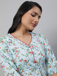 AURELIA Blue Floral Printed V-Neck Pure Cotton Kurti