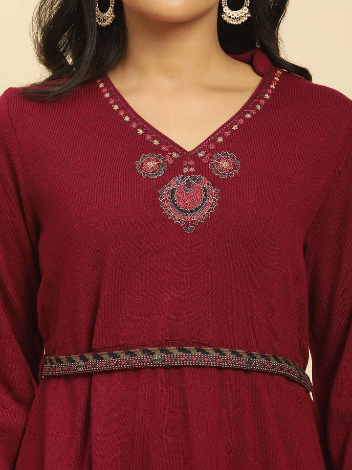 W Ethnic Motifs Embroidered Long Sleeves Acrylic Fit & Flare Midi Ethnic Dress