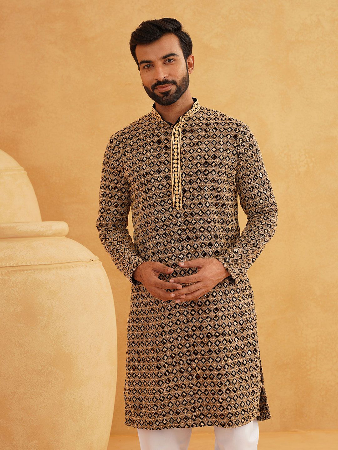 SOJANYA Kurta Lurus Labuci Sulam Geometrik Kapas Tulen