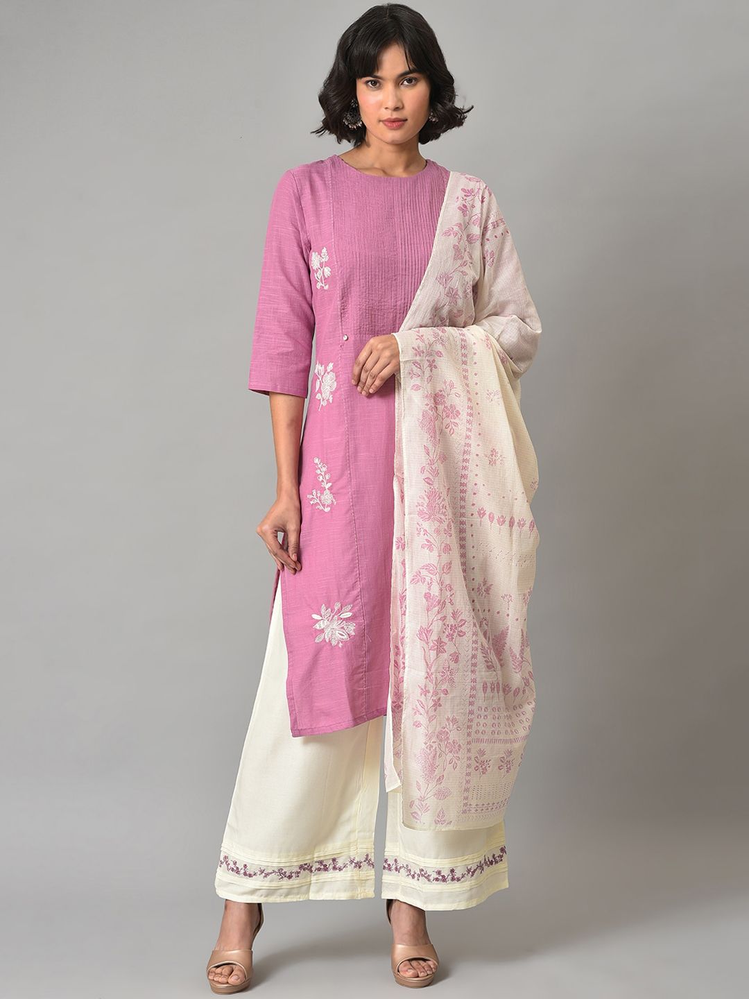 W Women Floral Embroidered Thread Work Pure Cotton Kurta with Palazzos & With Dupatta