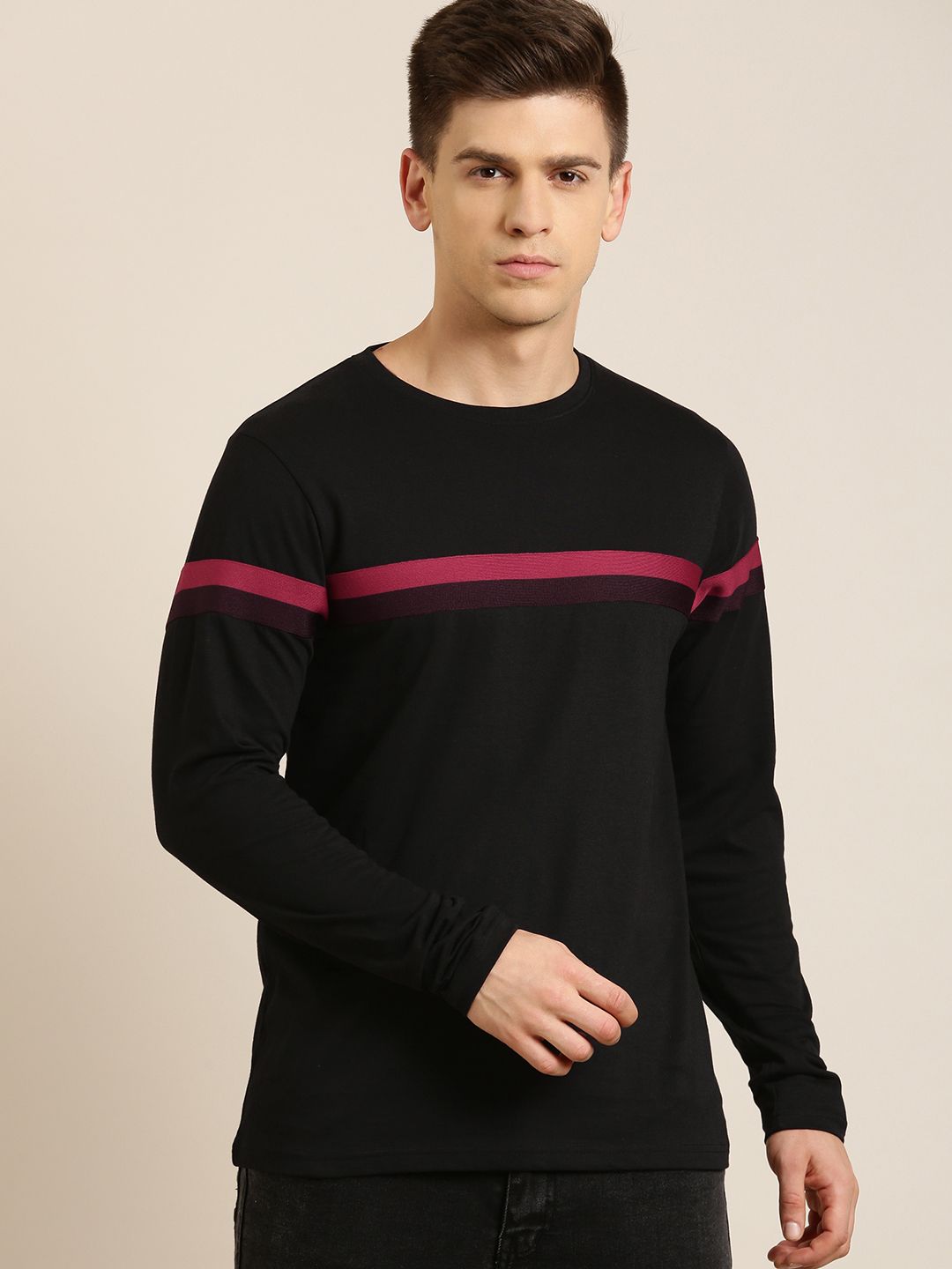 DILLINGER Men Black & Red Pure Cotton Striped T-shirt