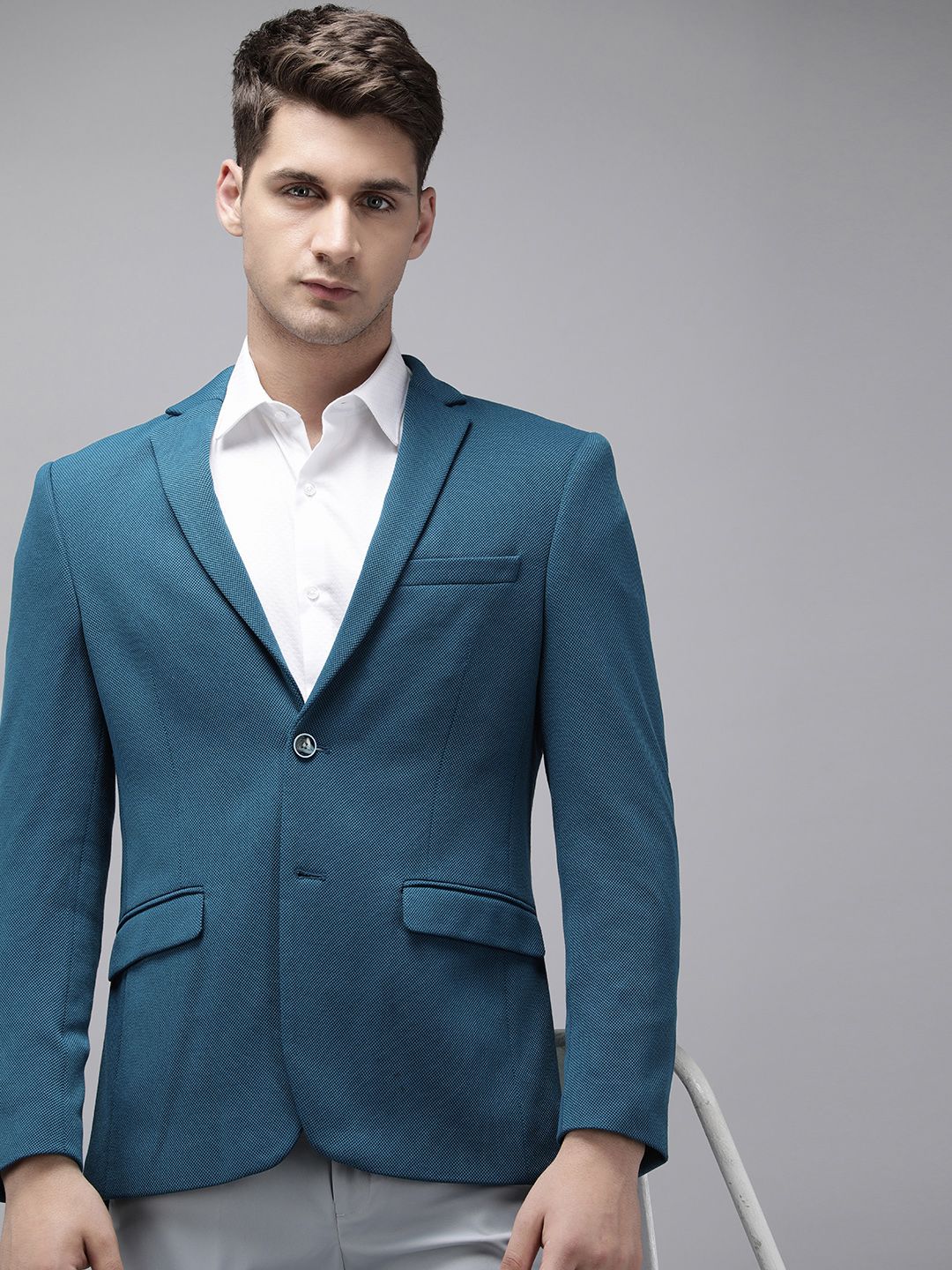 Park Avenue Self Design Textured Super Slim Fit Single Breasted Formal Blazer