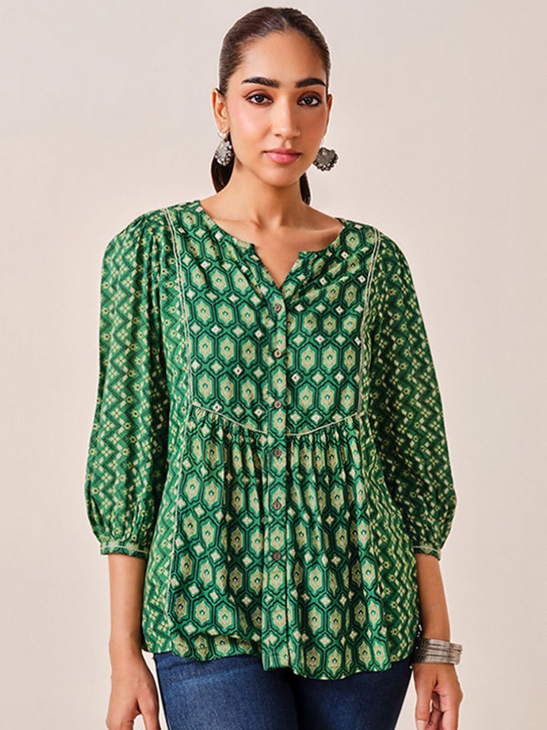Global Desi Women Ethnic Motifs Print Mandarin Collar Puff Sleeve High-Low Top