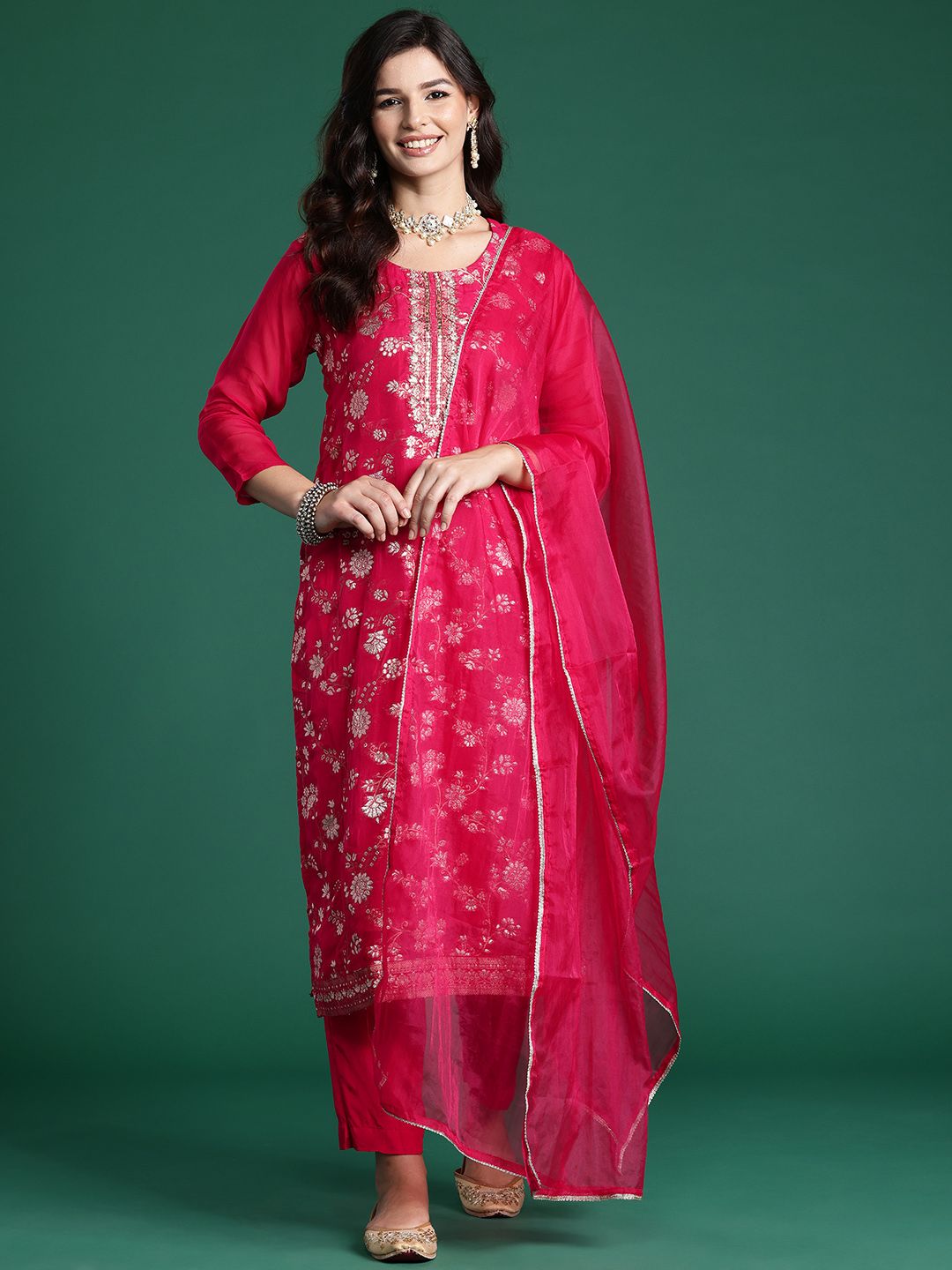 Indo Era Women Floral Embroidered Kurta With Trousers & Dupatta