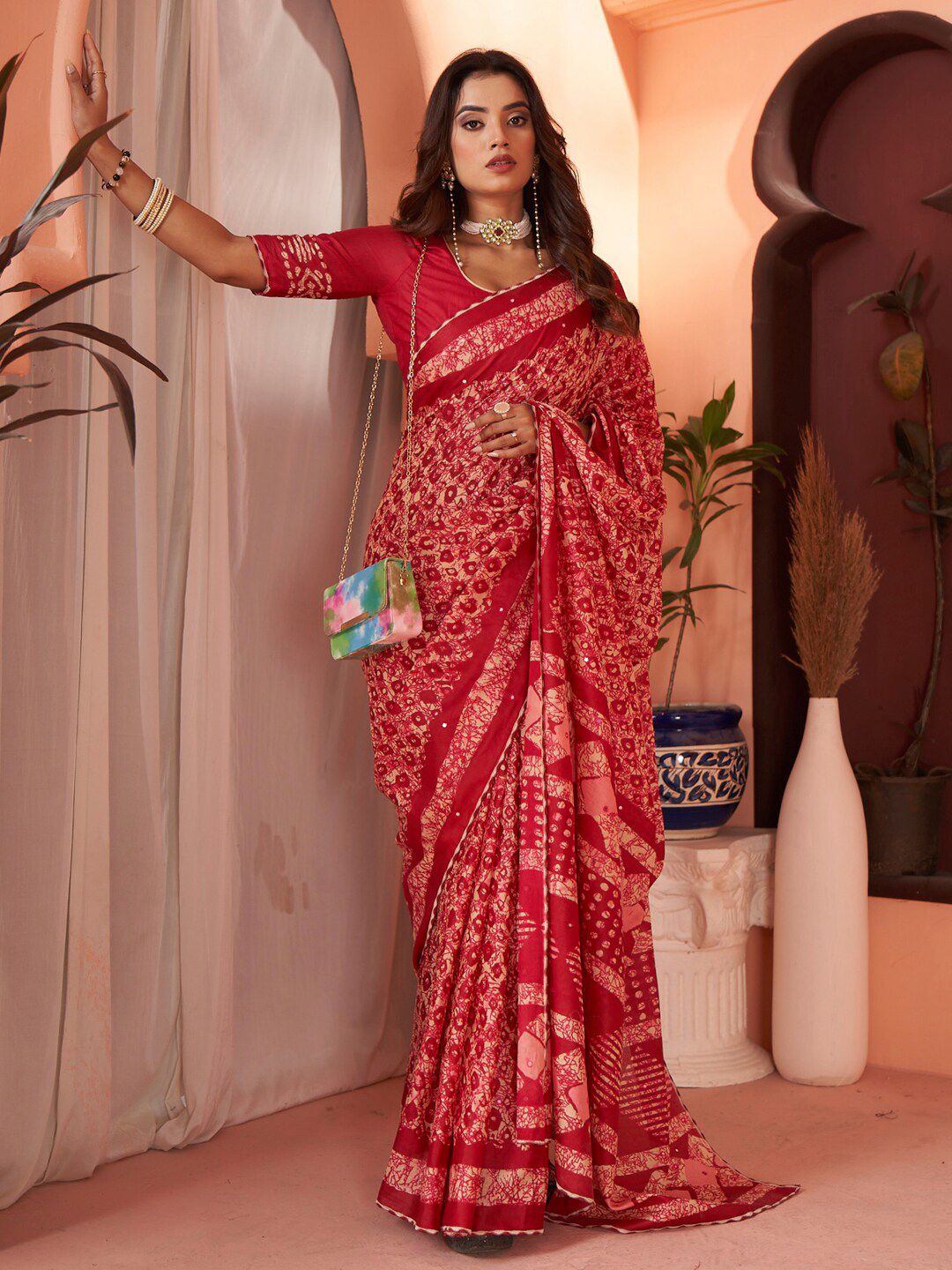 Saree mall Mirror Work Poly Cotton Designer Block Print Sarees