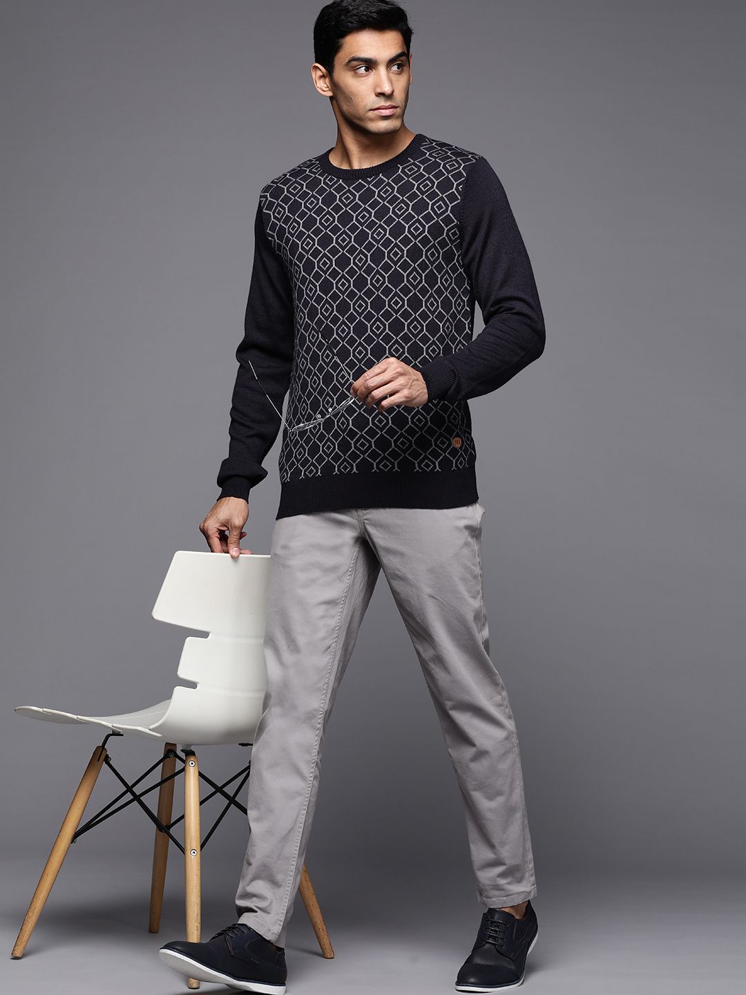 Raymond Men Navy Blue & Grey Self-Design Pullover