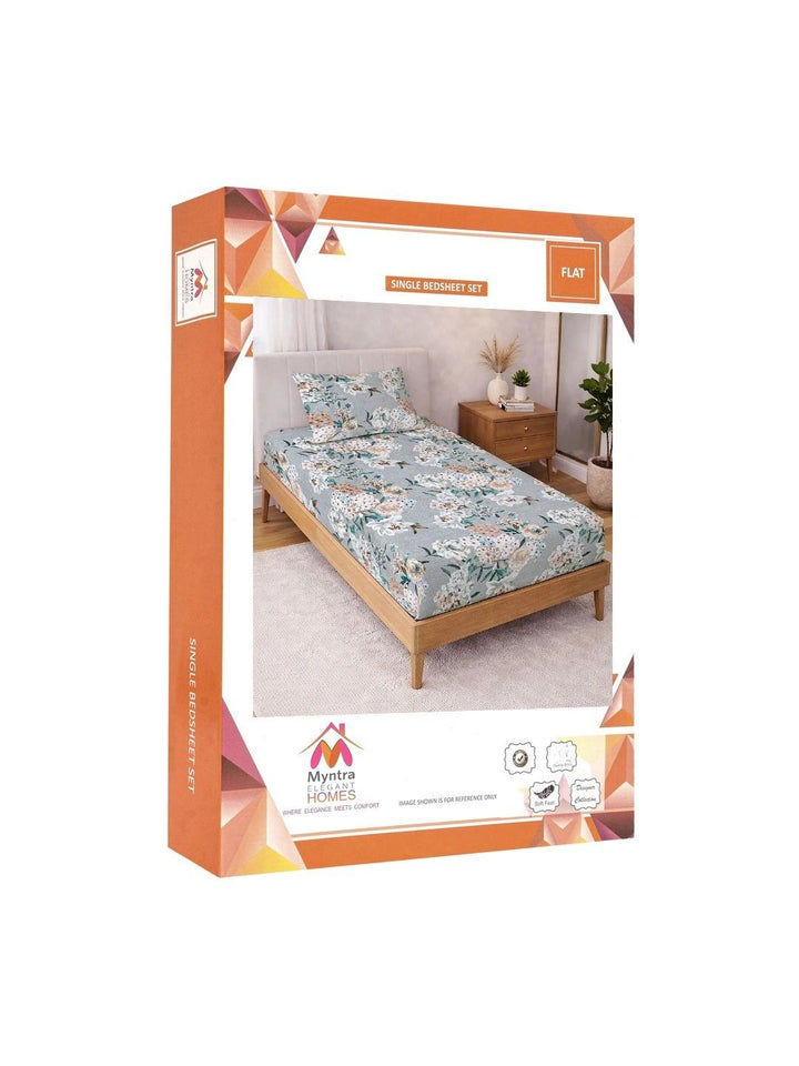 Myntra Elegant Homes Grey Floral 300 TC Single Bedsheet with 1 Pillow Covers