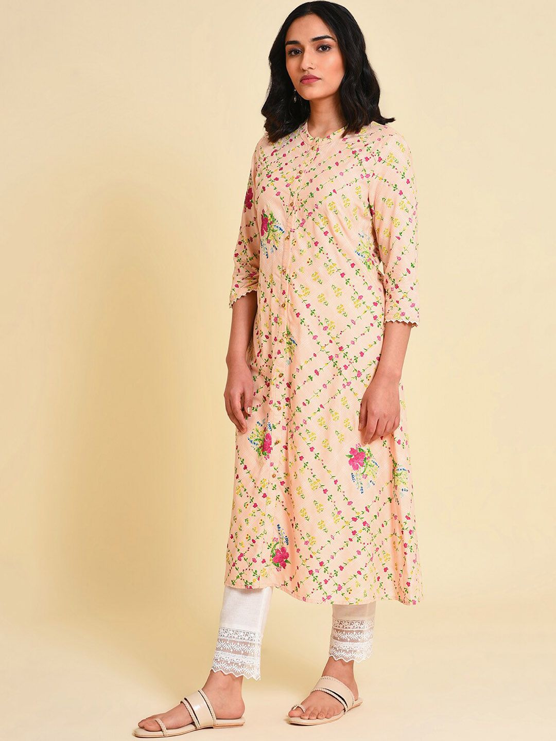W Women Floral Printed Thread Work A-Line Kurta with Trousers