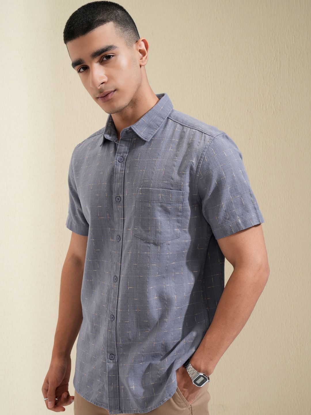 HIGHLANDER Men Special Yarn Dobby Textured Checked Casual Shirt