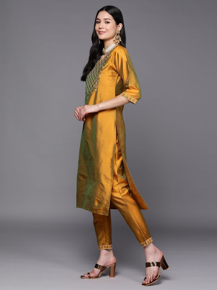 Libas Women Mustard Yellow Floral Yoke Design Mirror Work Kurta with Trousers & With Dupatta