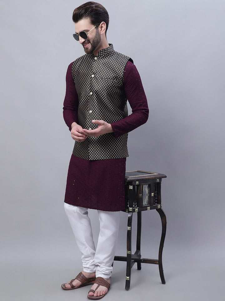 SOJANYA Ethnic Motifs Embroidered Sequinned Pure Cotton Kurta with Churidar & Nahru Jacket