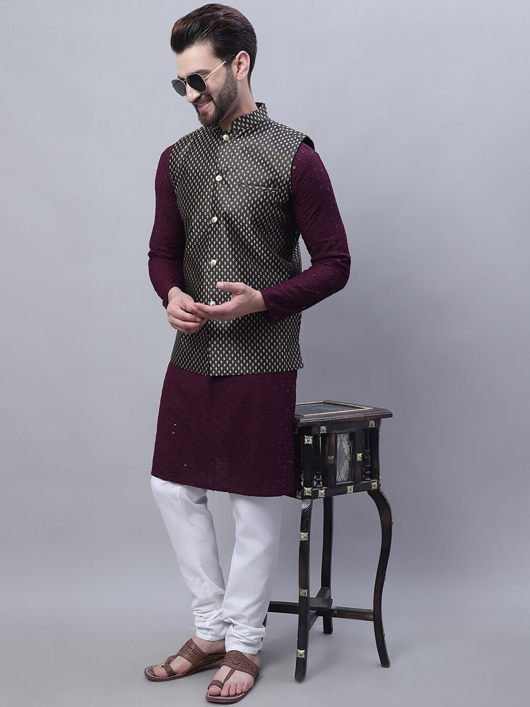 SOJANYA Ethnic Motifs Embroidered Sequinned Pure Cotton Kurta with Churidar & Nahru Jacket