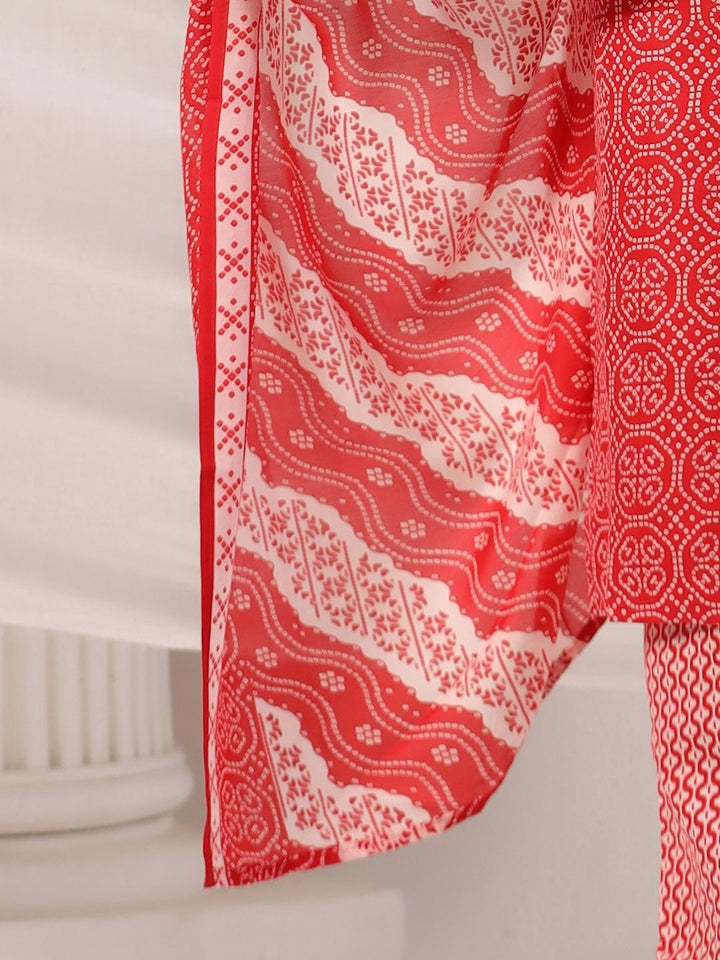 Indo Era Bandhani Printed Notch Neck Pure Cotton Kurta With Trousers & Dupatta