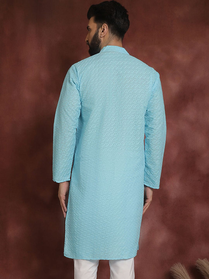 SOJANYA Lelaki Biru Sulam Kurta Lurus