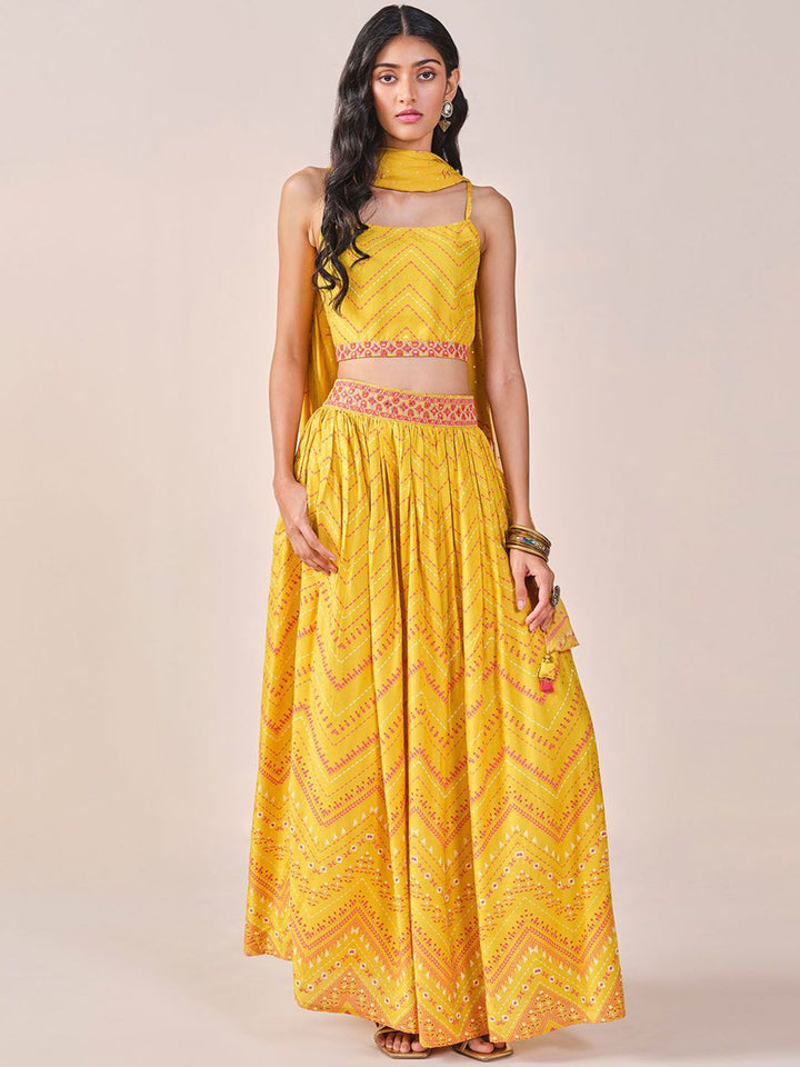 Global Desi Geometric Printed Sleeveless Top Skirt & Dupatta