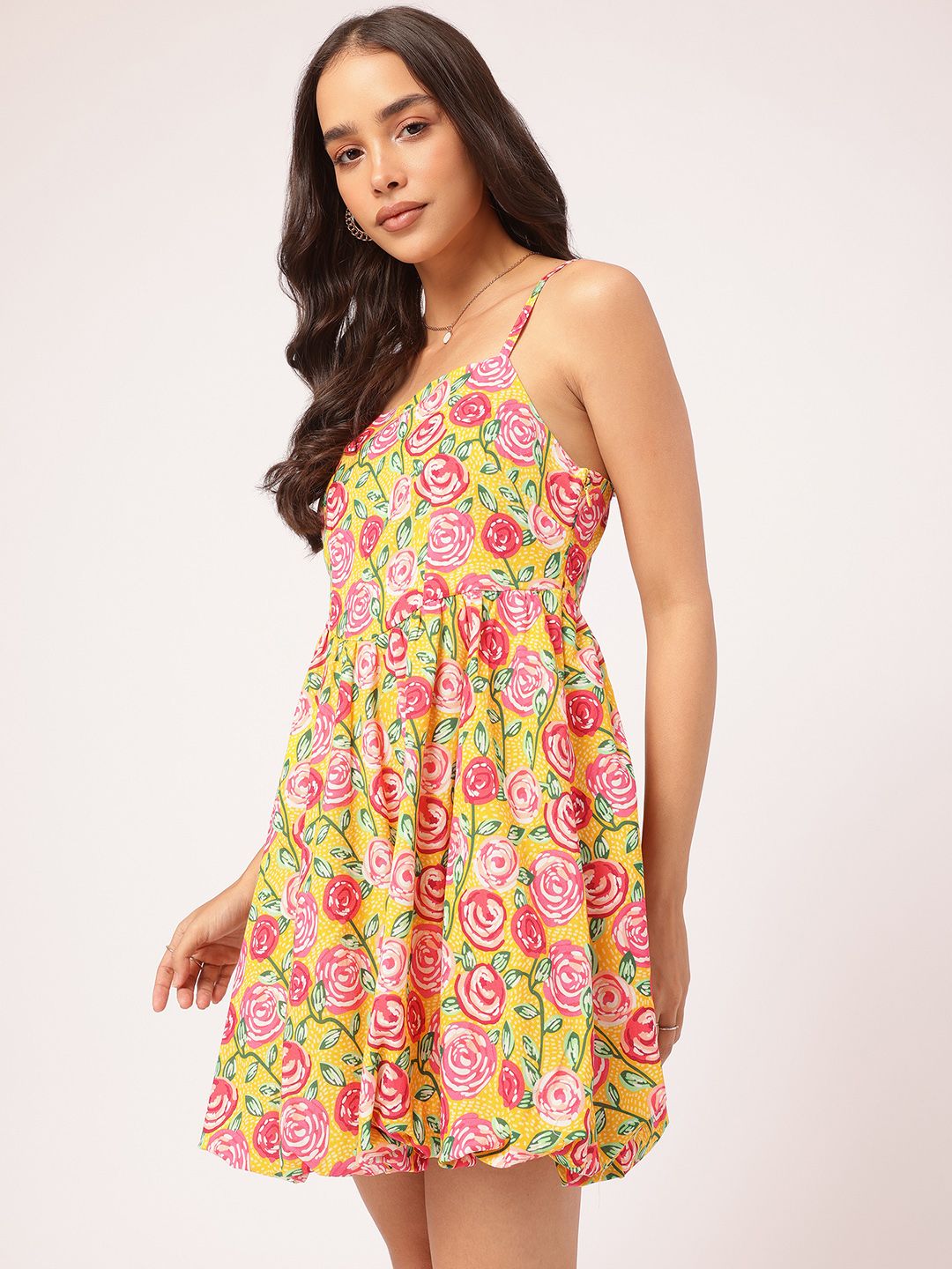 DressBerry Sweet & Subtle Floral Printed Shoulder Straps A-Line Mini Dress