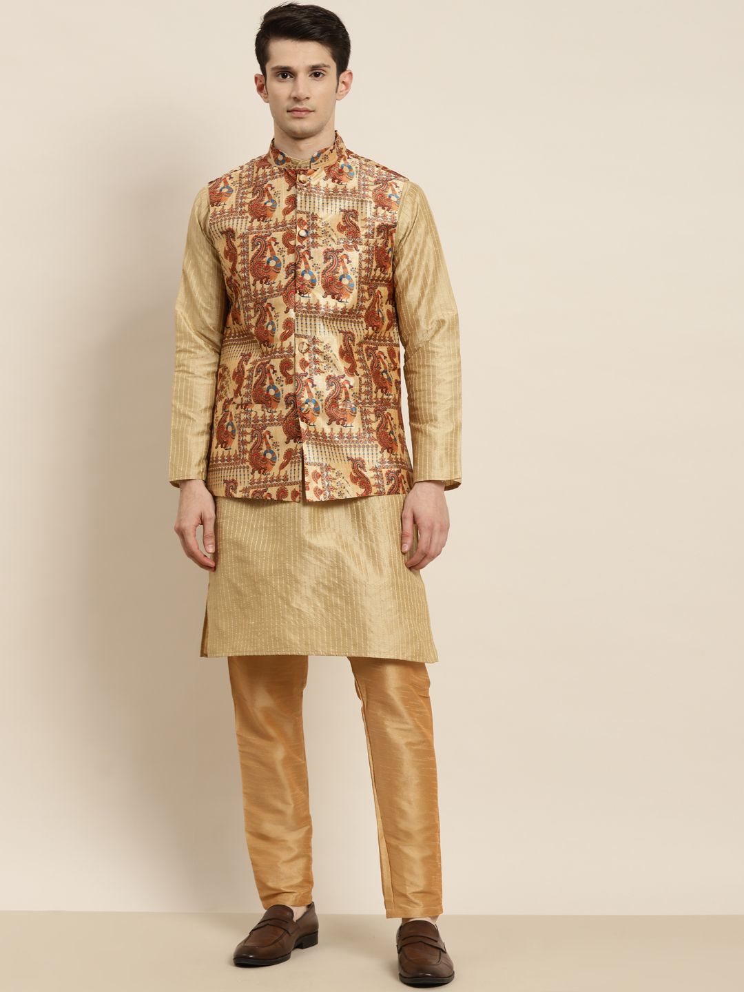 SOJANYA Men Golden Kurta with Churidar & Nehru Jacket