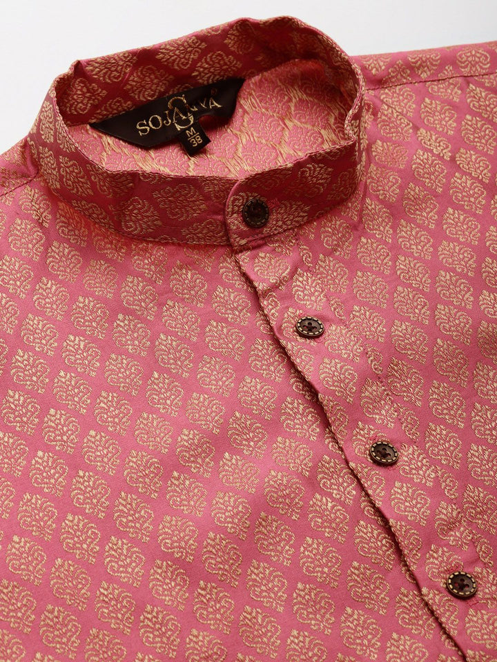 SOJANYA Men Pink & Golden Self Design Kurta with Churidar & Nehru Jacket