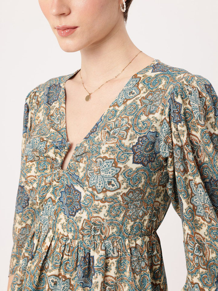 DressBerry Indie Boho Printed Puff Sleeves Gathered A-Line Top