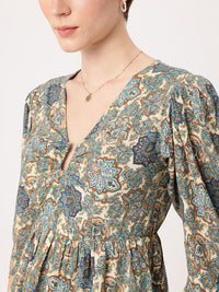DressBerry Indie Boho Printed Puff Sleeves Gathered A-Line Top