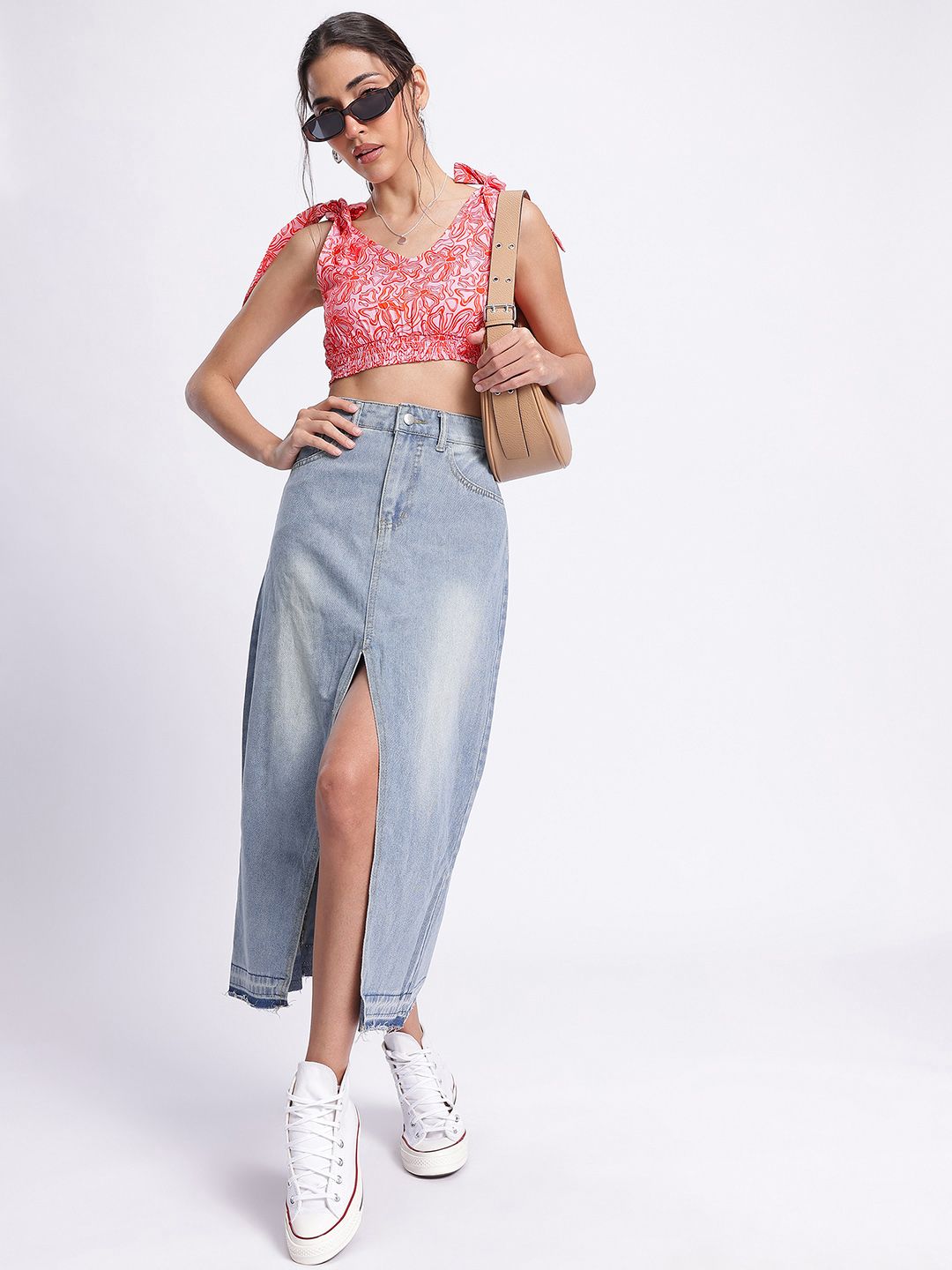 DressBerry Floral Frenzy Tie-Up Detail Smocked Crop Top