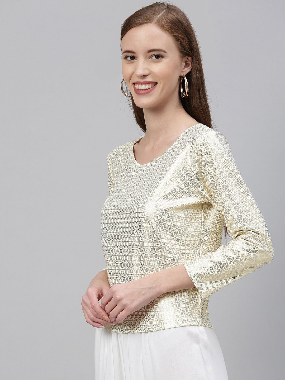 Global Desi Women Off-White & Golden Ethnic Printed Top