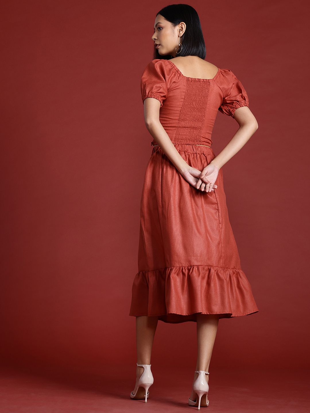 all about you Smocked Top with Flounce Midi Skirt Co-Ord Set