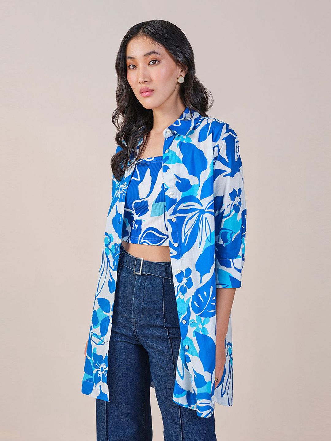 AND Floral Print Cotton Shirt Style Longline Cotton Top