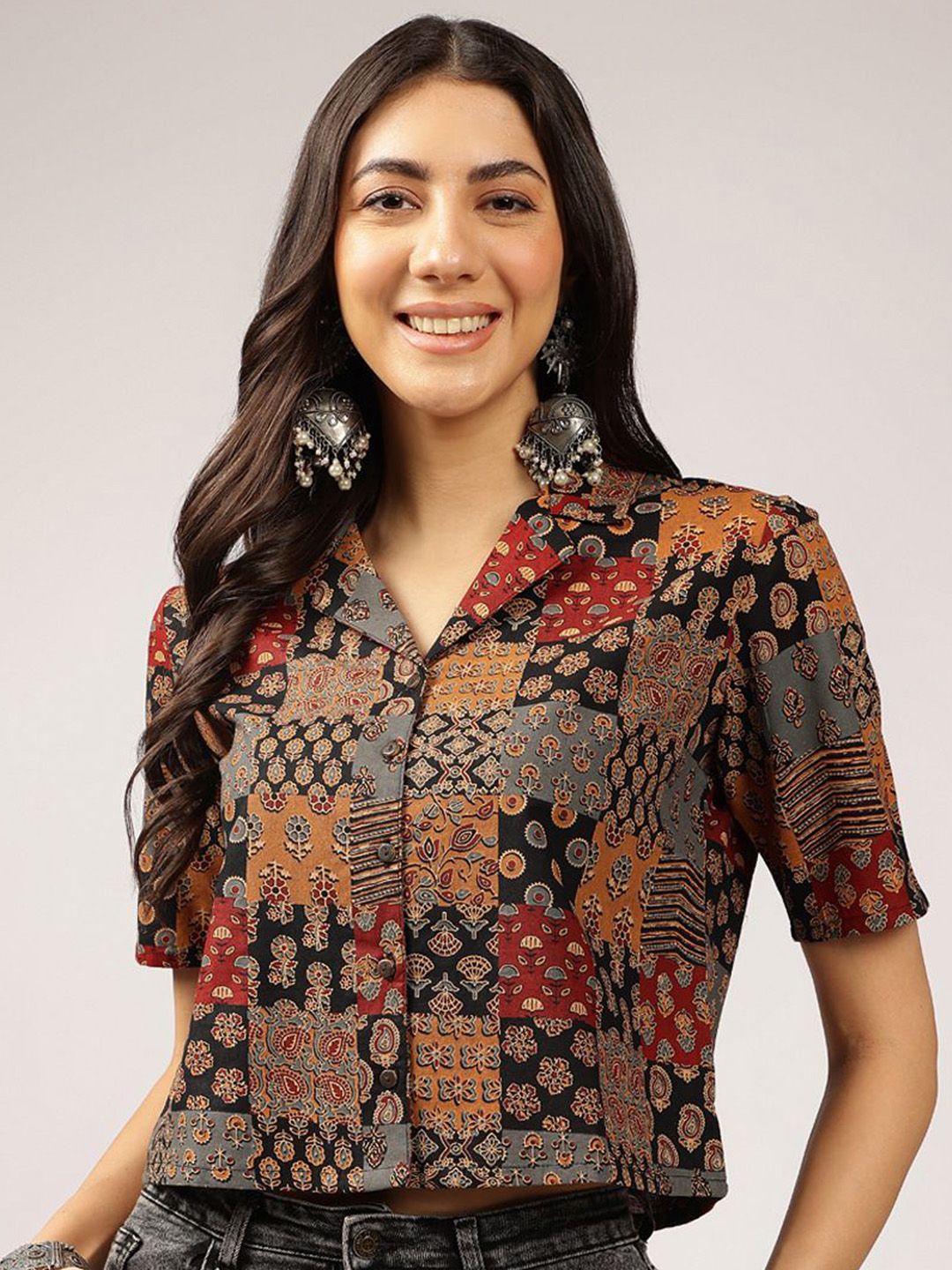 Anouk Ethnic Printed Cuban Collar Pure Cotton Shirt Style Top