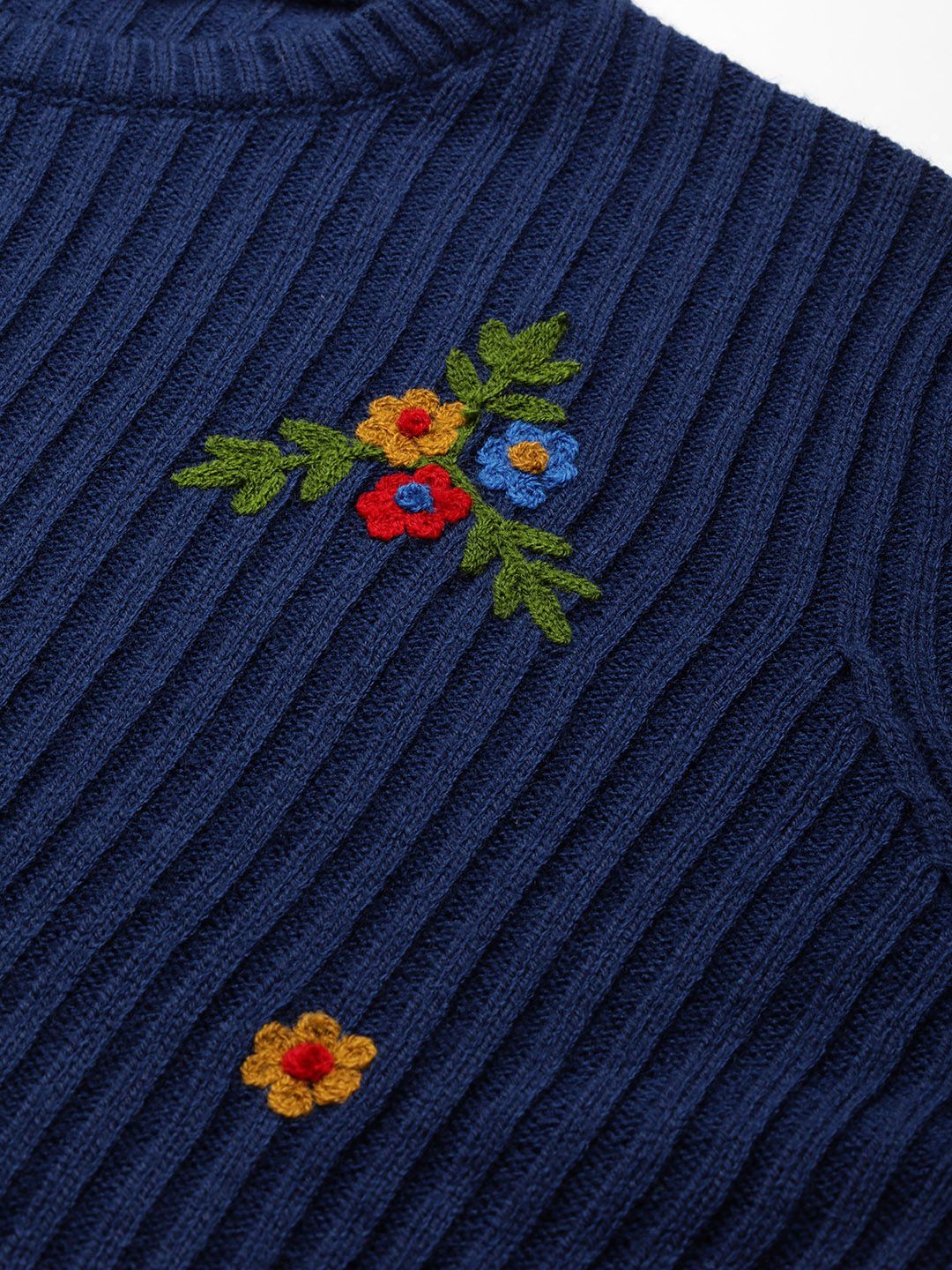 DressBerry Women Navy Blue Ribbed Ribbed Embroidered Sweater