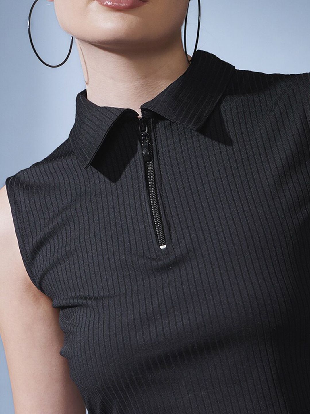 STREET 9 Black Polo Collar Ribbed Self-Striped Crop Top