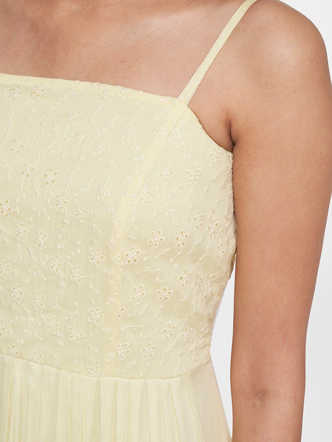 AND Women Lime Yellow Floral Schiffli A-Line Maxi Dress